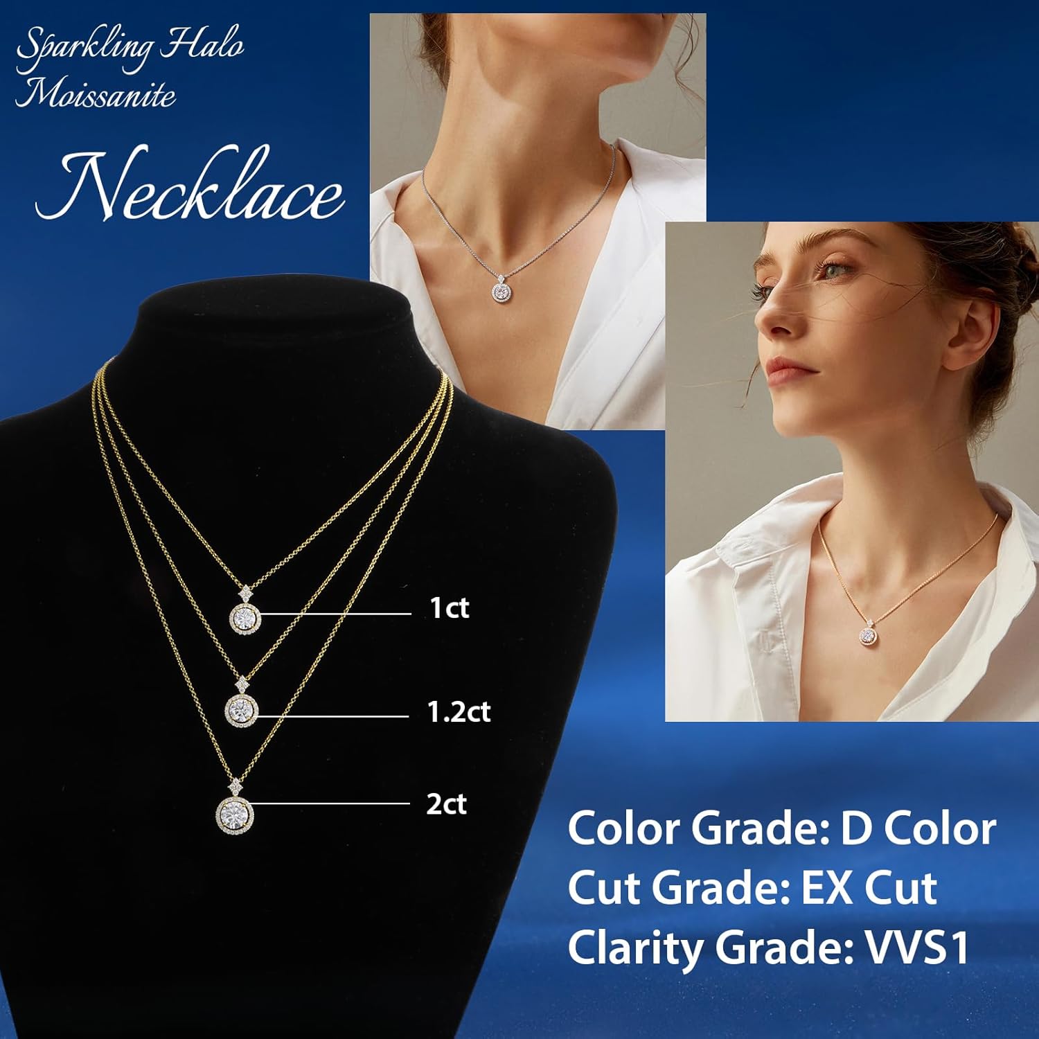 Moissanite Necklace for Women, 1-2CT S925 Sterling Silver Moissanite Pendant, 18K Gold Plated Halo White Gold Necklace- 18"+ 2" Extender Chain- Birthday Valentines Day Gifts for Her Women Wife Mom - Image 8