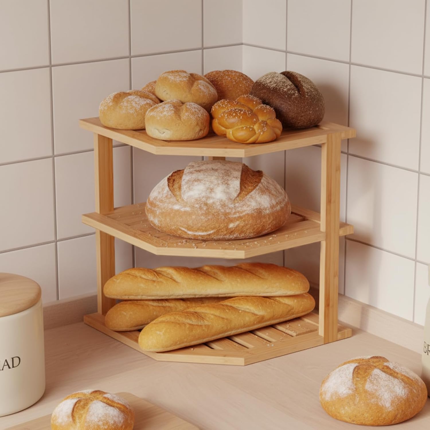 Marsui 3 Pcs Plate Storage Rack, 1 PC Bamboo 3-Tier Corner Shelf Organizer, 2 Pcs Dish Racks Plate Stand Holder, Kitchen Storage Cabinet Organizer, Hold Dishes, Cups, Plates