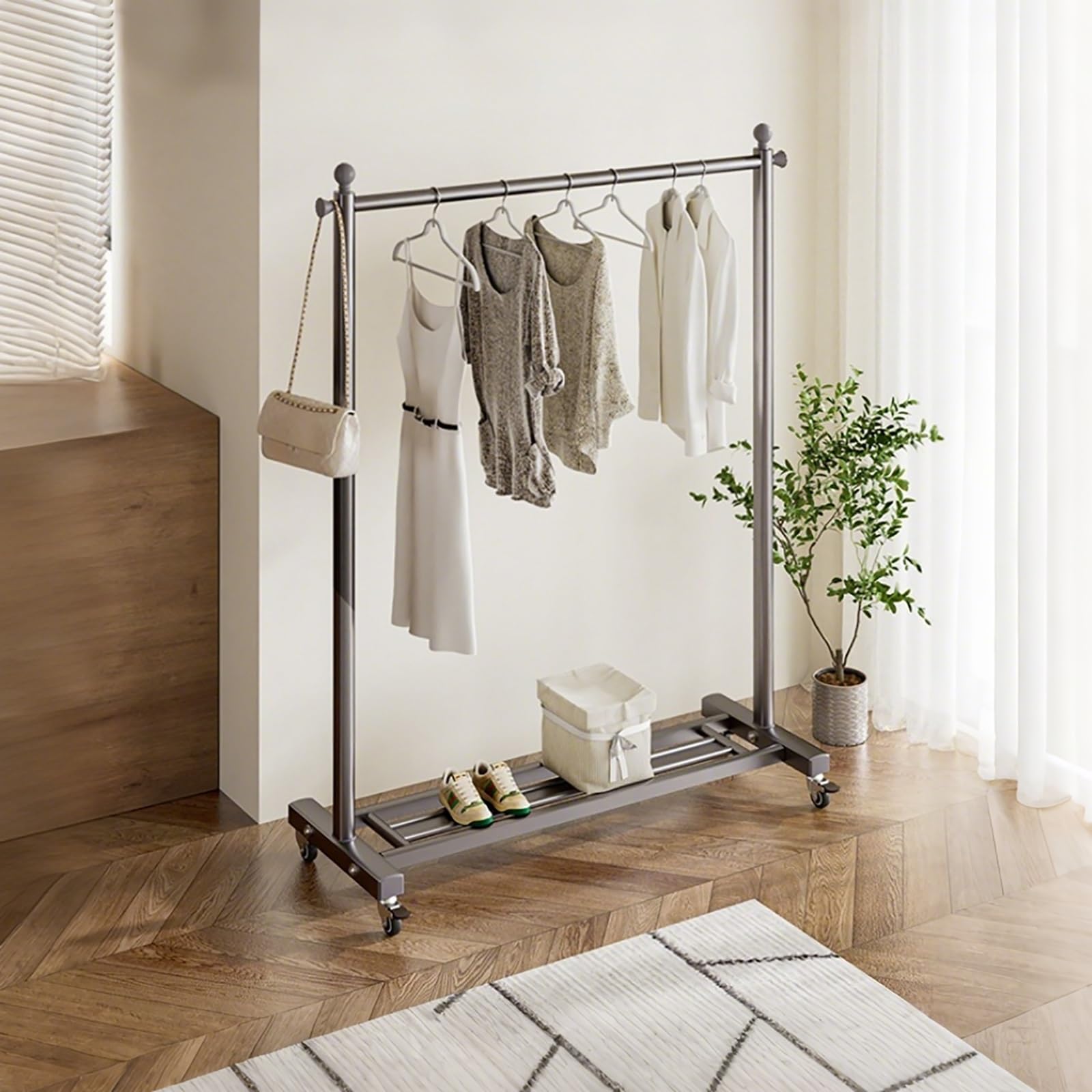 Perchero de metal portátil con ruedas – Ropa pesada para abrigos y vestidos, ideal para uso doméstico y de oficina, diseño que ahorra espacio, fácil li