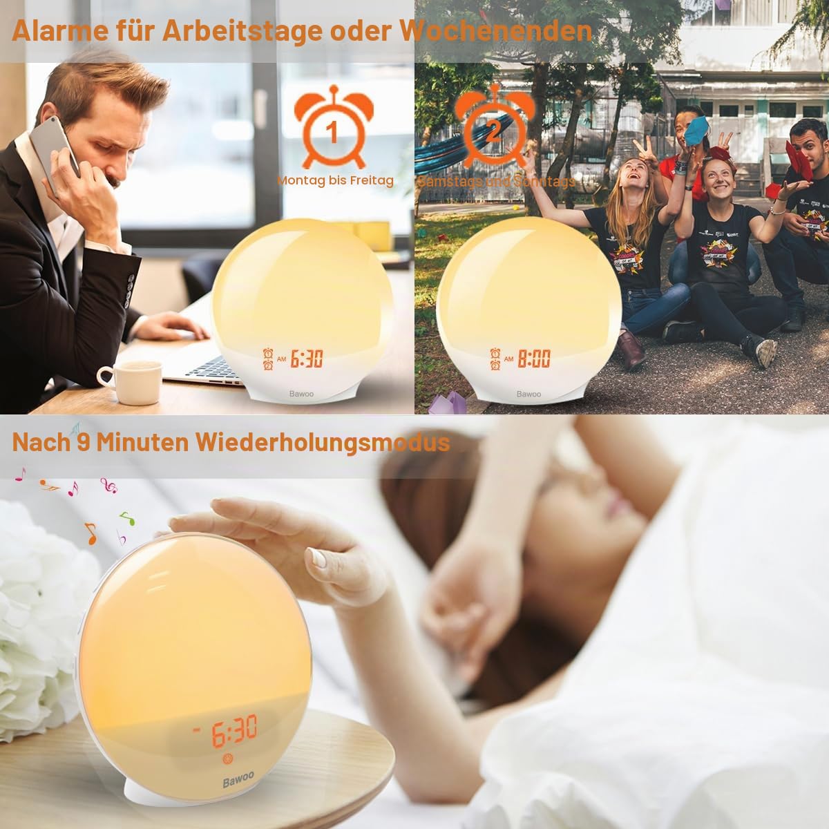 Tageslichtwecker,Wake Up Light, Lichtwecker, Bawoo Sonnenaufgang Sonnenuntergang Wecker Radiowecker mit 7 Natürlichen Töne 20 Helligkeit 2 Alarmen Schlummerfunktion UKW-Radio für Erwachsene & Kinder