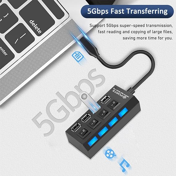 USB Hub 3.0, ANKKY 4-Port USB Port Hub USB Extender USB Splitter with Individual LED lit Power Switches for Mac & PC/Laptop