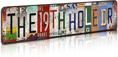 Letrero de metal retro con texto en inglés «The 19th Hole – Arte de pared rústico con temática de golf vintage para bar, cueva de hombre, garaje,