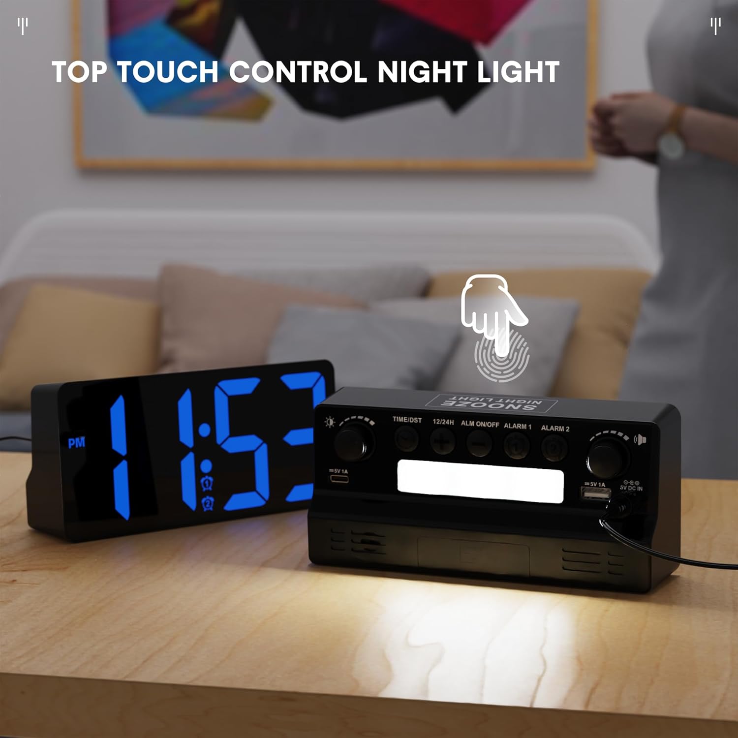 ROCAM CR1023 Digital Alarm Clock with top touch control for the night light and rear control panel.