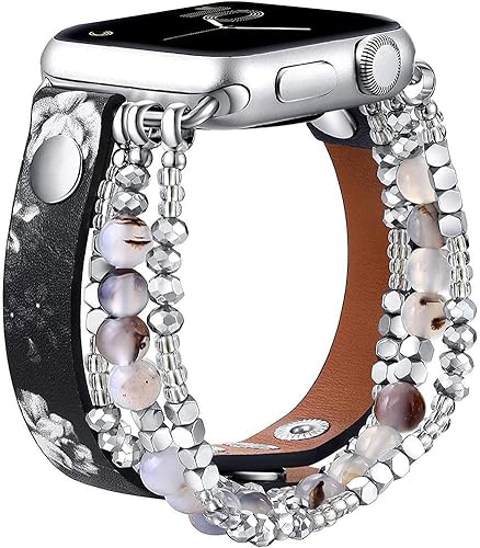 Pulsera de cuentas de piedra compatible con Apple Watch Band 1.496 in 1.575 in 1.614 in Series 87SE654321 para mujeres y niñas, correa de cuero