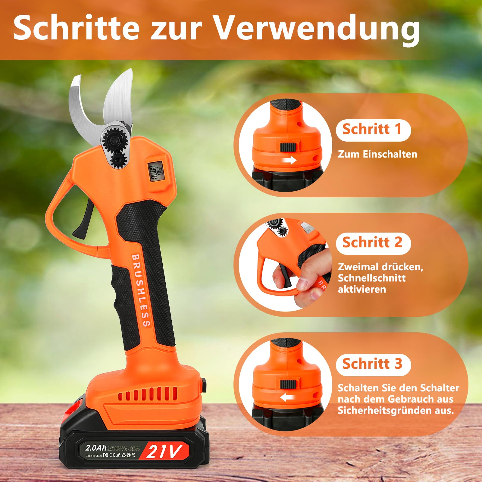 Forbici Potatura a Batteria, Forbici Elettriche Professionali da Potatura da Giardino con Écran LCD, 2 x 2000 mAh Batterie, 2 x SK5 Lame, Cesoie a Batteria Portatili Senza Fili per Frutteti, Giardini
