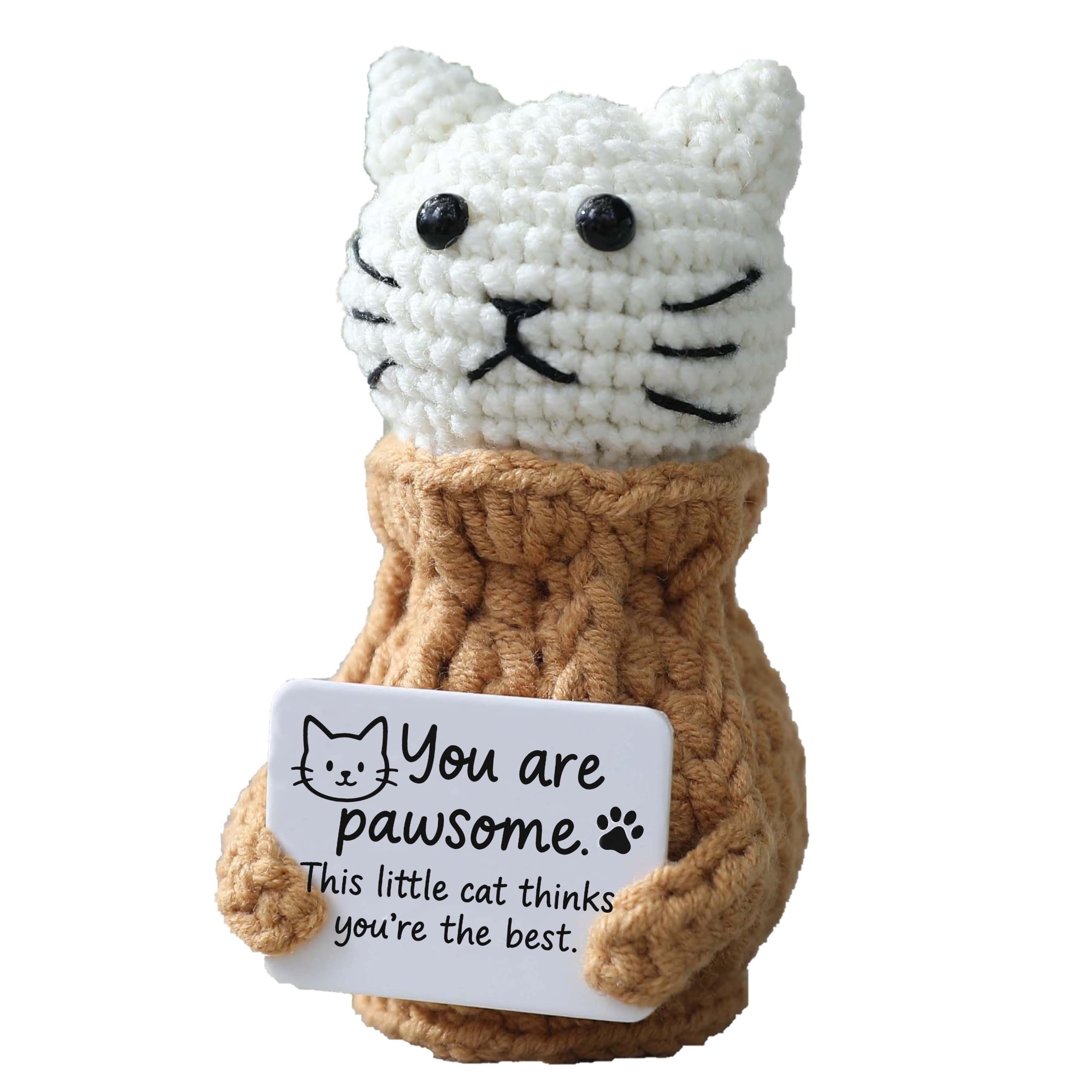 Positive Crochet Animals Cat – “You are Pawsome” Valentines Day Gifts for Him Her Boyfriend Girlfriend Women Teens, Emotional Support &amp; Cheer Up Present, Teacher Appreciation, Birthday Gift