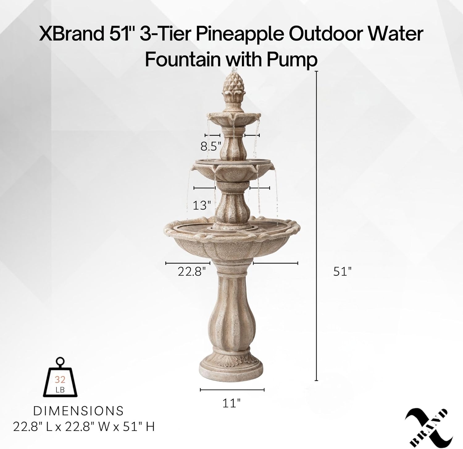 XBrand 51" 3-Tier Outdoor Water Fountain with Pineapple Top – Beige Freestanding Garden Waterfall with Pump, Auto Shut-Off, and Fiber Resin Build – Lawn & Patio Decor