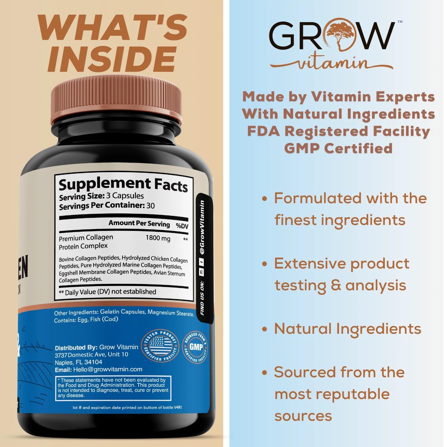 grow vitamin Multi Collagen Capsules, 1800MG (Types I, II, III, V & X) - Non-GMO, Grass Fed Collagen - Anti Aging Support for Hair, Skin, Nails - Protein Pills for Joint Support - 90 Capsules