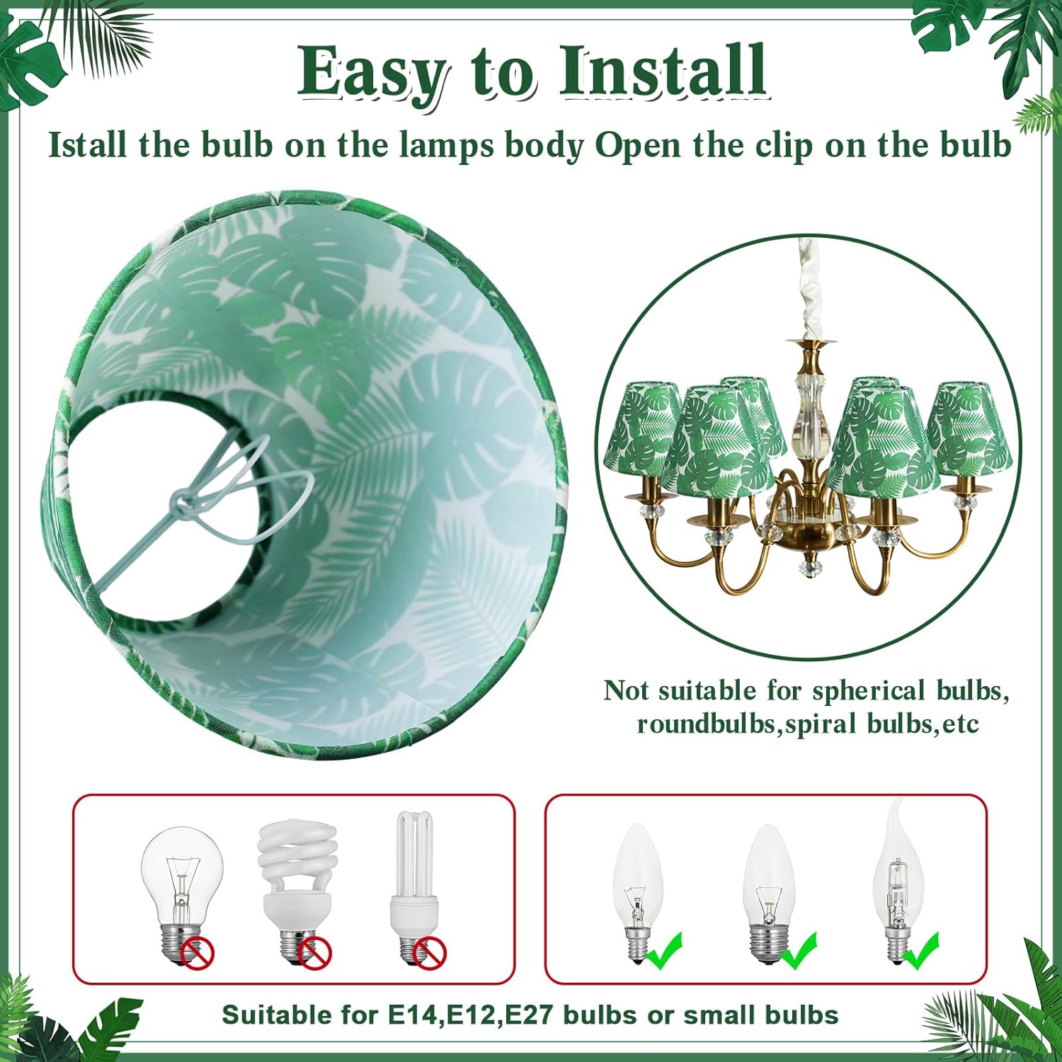 VIHOSE 6 Pcs Chandelier Lamp Shades Small Lamp Shade 3" Top x 6'' Bottom x 5'' Slant Tropical Leaf Hawaii Toile Green Clip on Lampshade for Wall Sconces Pendant Lighting