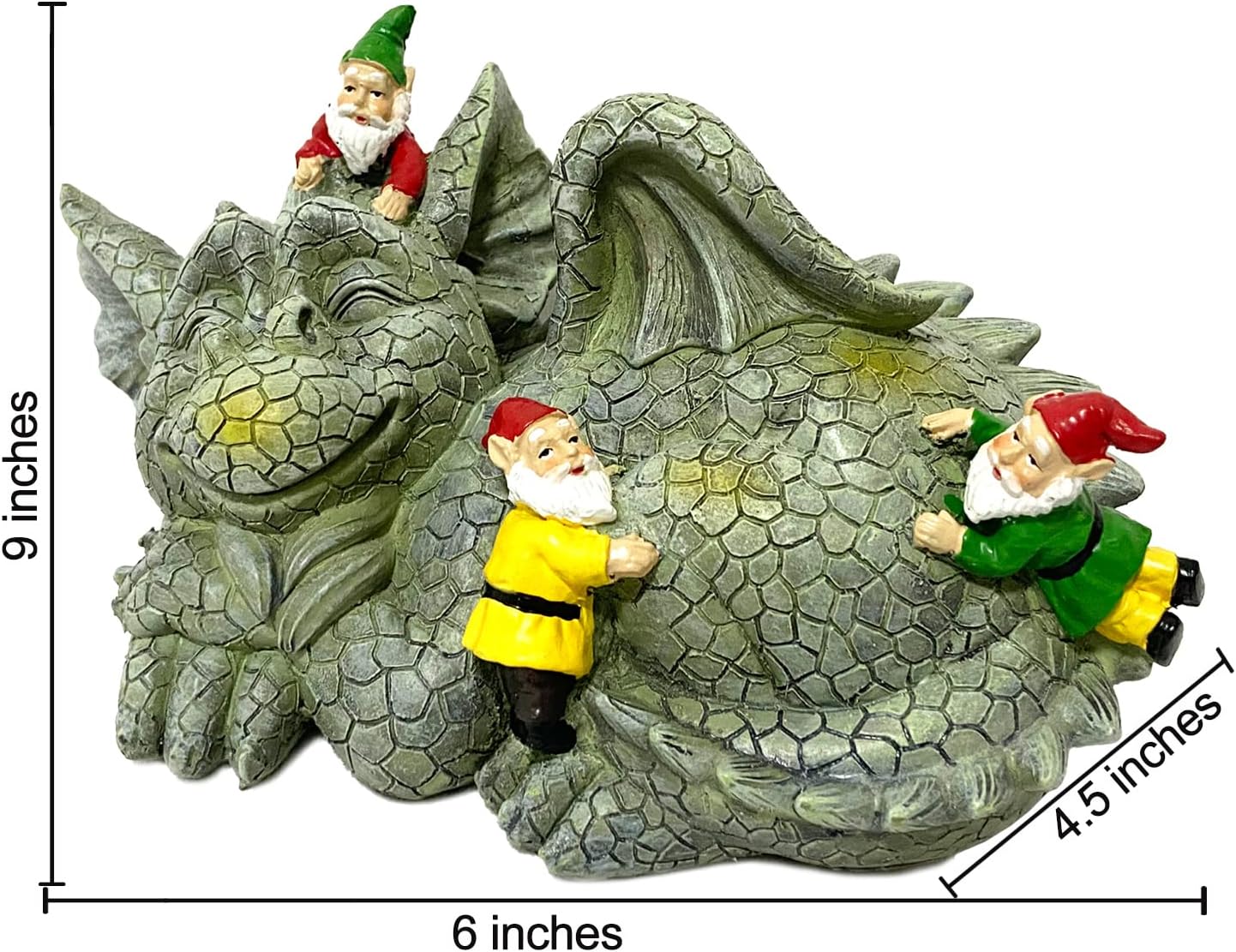 Sleeping Dragon With Mischievous Gnomes Garden Outdoor Statue. Unique Design, Eye-Catching Piece Of Dragon Decor, A Dragon Decoration Laid-Back Pose, Majestic Wings And Friendly Face Make Great Gift.