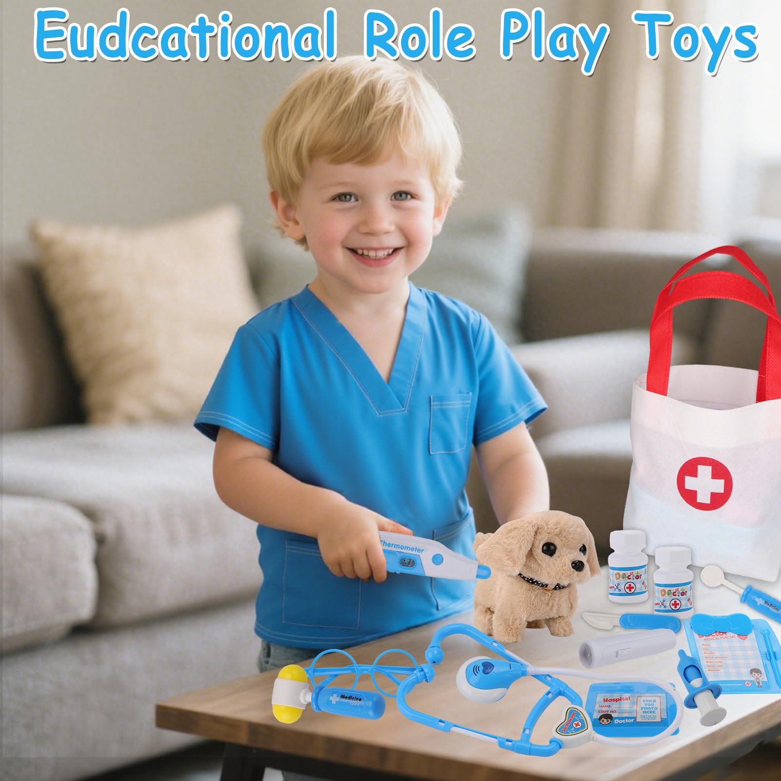 TEUVO Malette Docteur Enfant, Veterinaire Enfant avec Blouse de Médecin, Stéthoscope, Thermomètre, Seringue, Médical Jeu d'imitation Jouets de Rôle 25 Pièces, Cadeaux Jouet Enfants 2 3 4 5 6 7 8 Ans