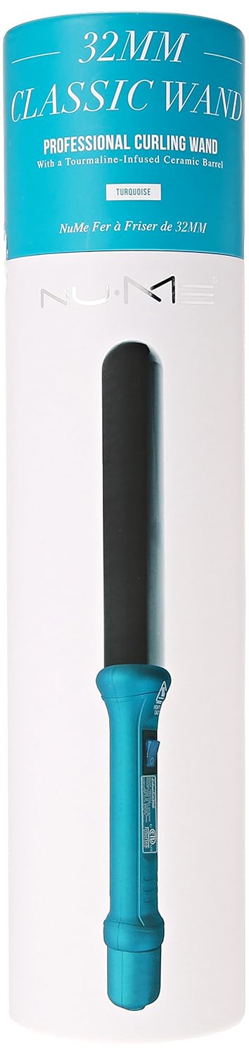 Limited Stock NuMe Classic Ceramic Curling Wand - Tourmaline 32mm Barrel Hair Curler, Negative Ion Conditioning, Far Infrared Heat - All Hair Types - Turquoise