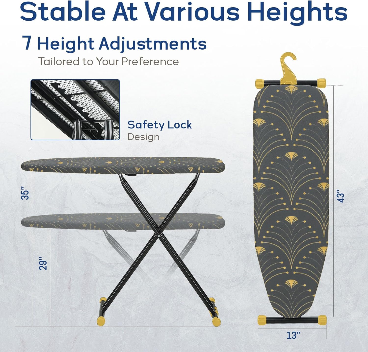 ironing board 43x13, rainhol full size iron board with thick padded cover, adjustable height, foldable ironing table with hanger, black gold pattern black gold pattern 43"l x 13"w