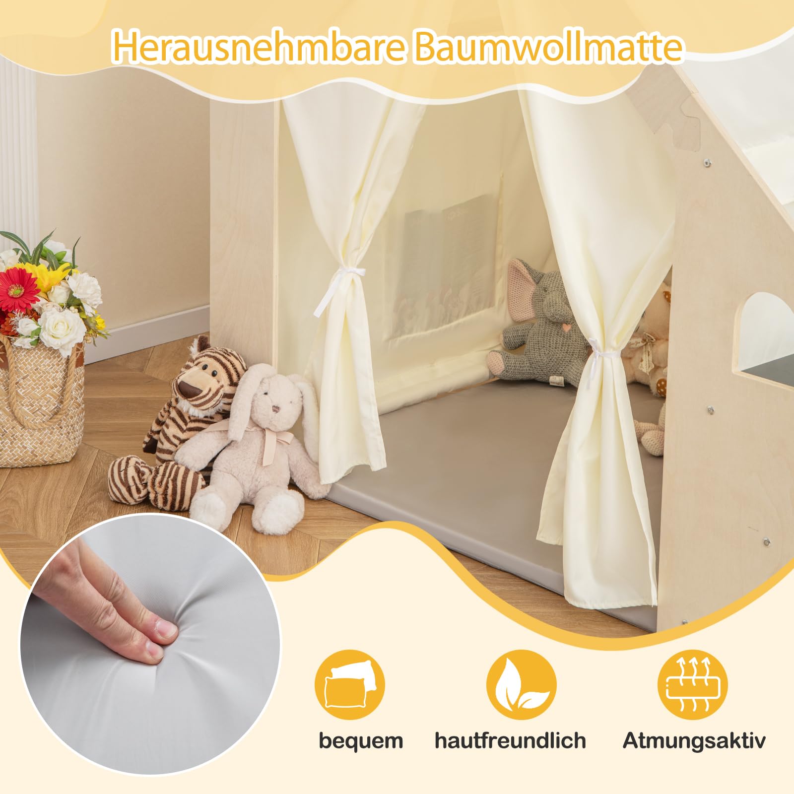 GOPLUS 6 in 1 Kinderzelt, Spielzelt Holz mit Schreibtisch, Stuhl & doppelseitige Tafel, Spielhaus Montessori mit Stauraum, Matte & Vorhänge, Holzspielzelt Indoor für Kinder von 2-6 Jahren (Klein)