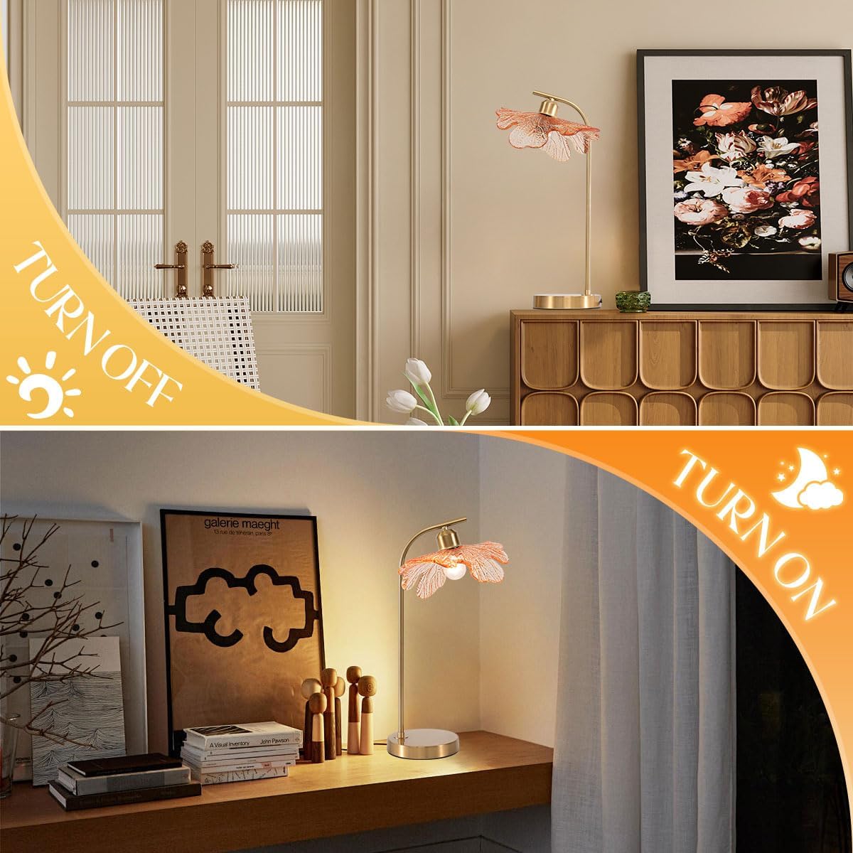 Mid Century Modern Table lamp Bedside Table Lamps with Touch Switch Amber Glass Tall Table lamp Gold Desk lamp nightstand lamp Small Table lamp for Bedroom Living Room Office