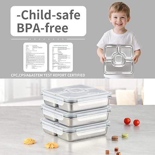 Miniatura 7 de Recipientes de acero inoxidable con tapas, paquete de 4 recipientes para preparar comidas, reutilizables, para adultos, divididos, apilables, Bento