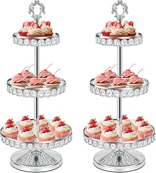 Round Metal Cupcake Tray Set, Crystal Dessert Display Stand for Weddings, Birthdays, Anniversaries, Party Centerpieces, Snacks and Fruit Plates Silver, 2pcs-Three-Tier Cupcake Stand