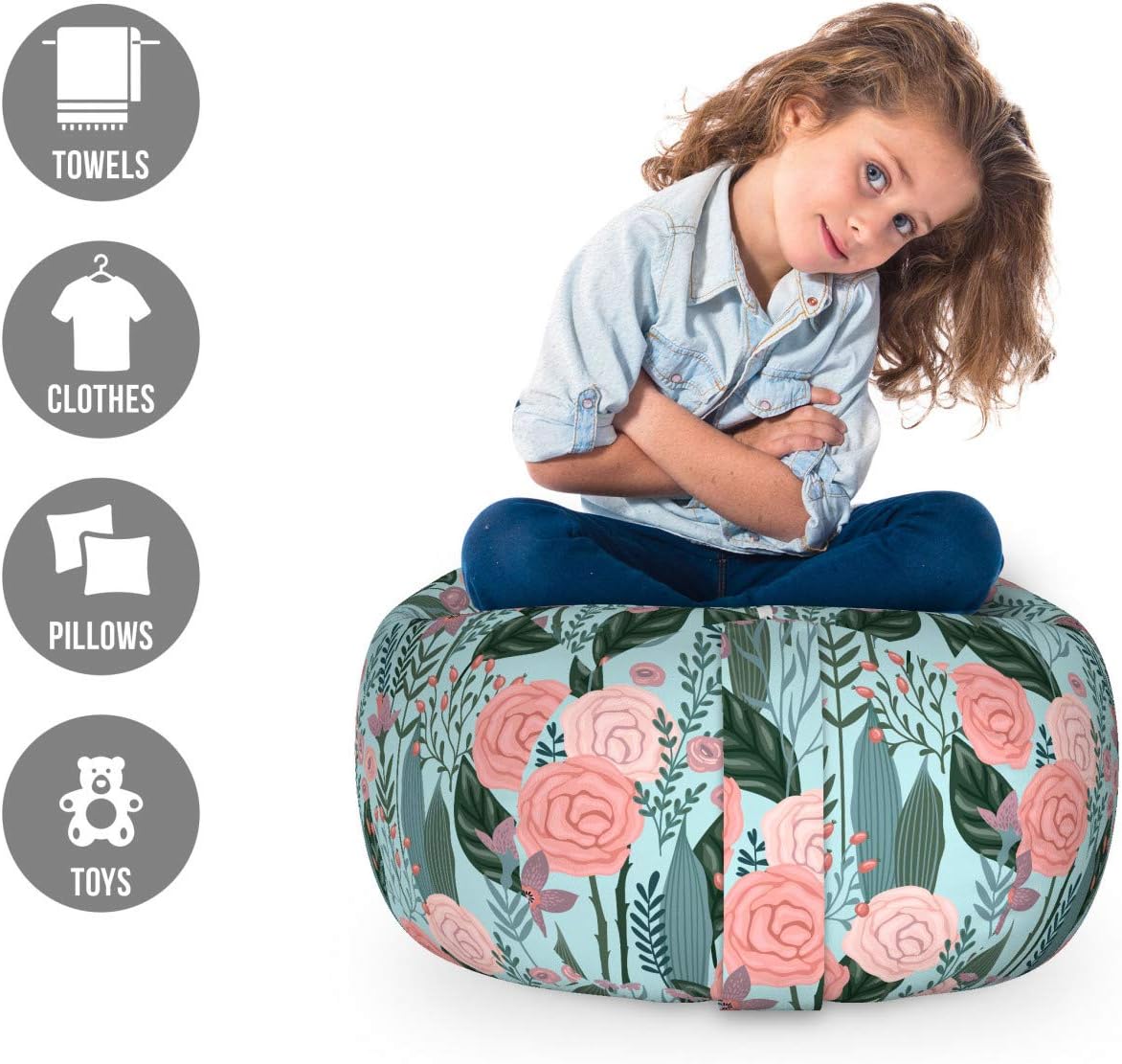 Ambesonne Botanical Storage Toy Bag Chair, Arrangement of Flowers Blooming Garden Art, Stuffed Animal Organizer Washable Bag, Small Size, Teal Coral
