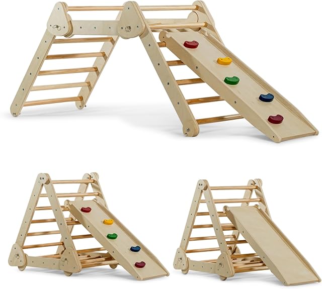 Avenlur Vicus: The Ultimate 4-in-1 Montessori Waldorf Style Indoor Gym Playset - Foldable Triangle Ladder, Rock Climbing Step, Ramp Climber, Reversible Slide - Durable Playground for Kids 18m - 4 yrs