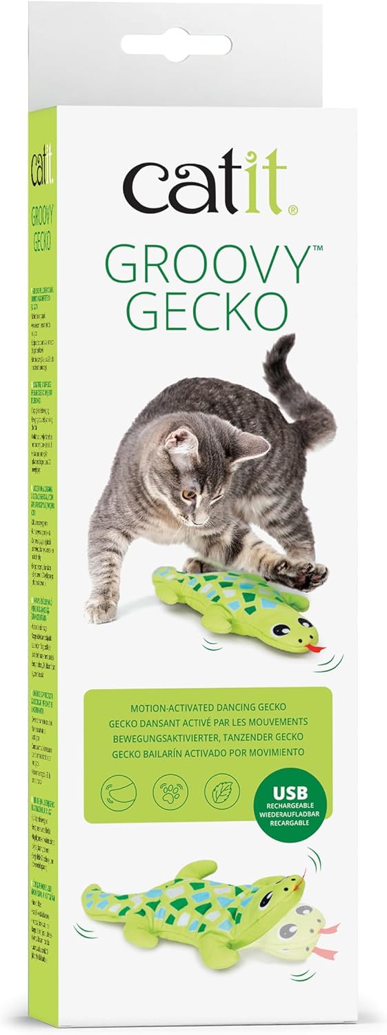 Catit Groovy Gecko Interactive Cat Toy | Flopping Motion Toy with Catnip & Silvervine, USB Rechargeable, Motion Sensor, Washable Cover, Green