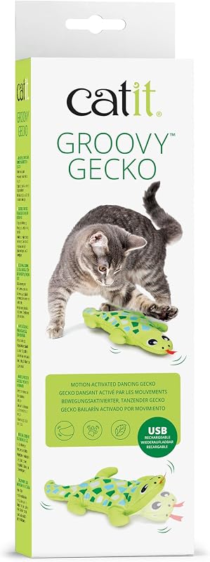 Catit Groovy Gecko Interactive Cat Toy | Flopping Motion Toy with Catnip & Silvervine, USB Rechargeable, Motion Sensor, Washable Cover, Green