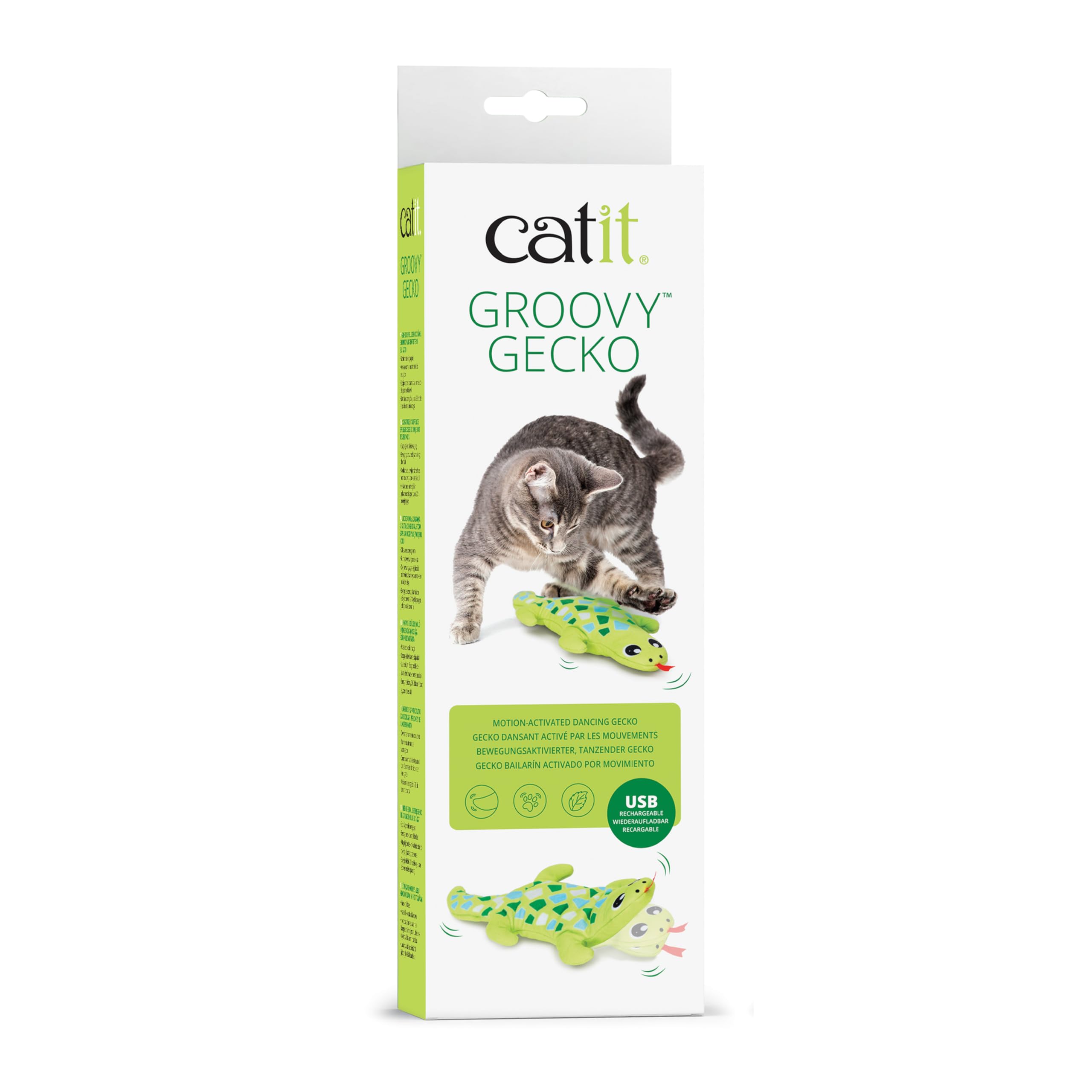 Catit Groovy Mini Gecko, Motion-Activated Rechargable Cat Toy with Catnip, Green