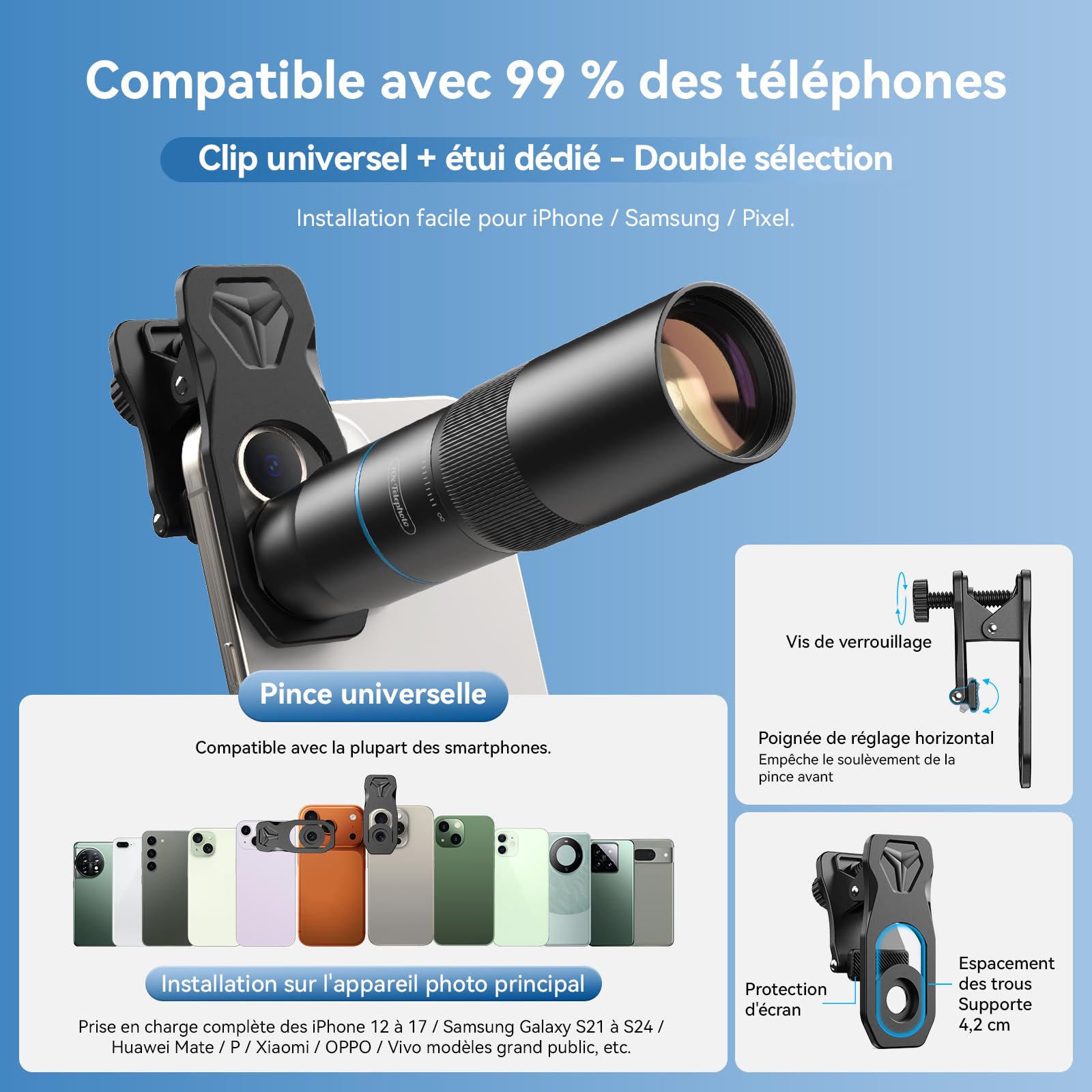 Evil Eye Téléobjectif 10x + Objectif 200mm Macro pour Smartphone, Haute Qualité, Compact, Facile à Transporter et à Utiliser, Compatible avec la Plupart des Smartphones Courants (TM10)