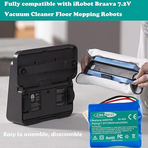 Miniatura 5 de CREABEST Batería de repuesto Ni-MH de 7.2 V 3500 mAh compatible con iRobot Aspirador Barredora Braava 380 380T 390 390T Menta 5200B 5200C Piso