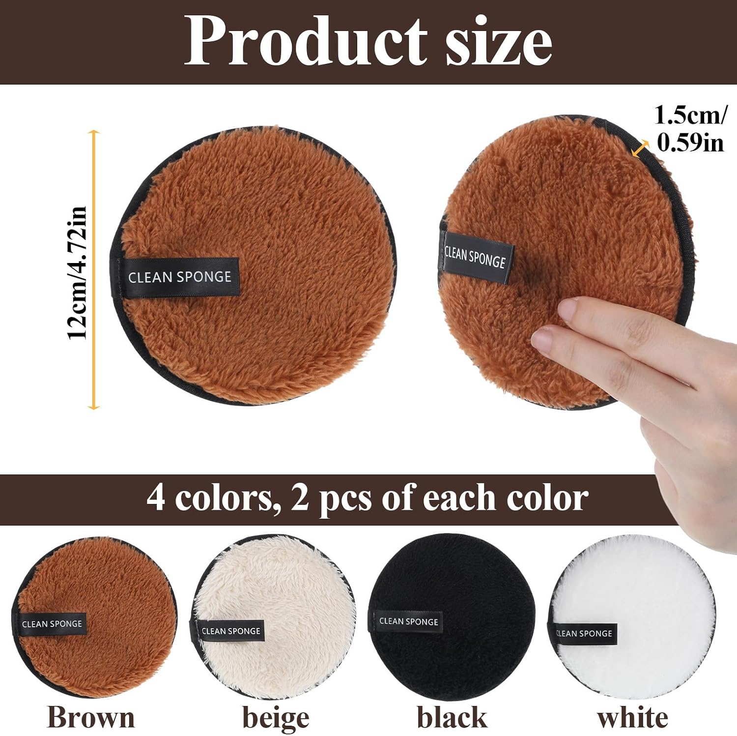 8PCS Makeup Remover Pads, Reusable Round Soft Facial Cleaning Puff, Double-Side Washable Make Up Removing Cloth, Microfiber Facial Cleansing Puff Towel for All Skin Types (Black, White, Coffee, Beige)