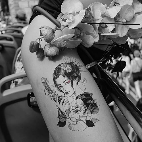 Miniatura 5 de 6 hojas impermeables brazo temporal tatuaje pegatinas negro japonés geisha mujeres dama samurai fan espada grúa flor zorro máscara Keaton
