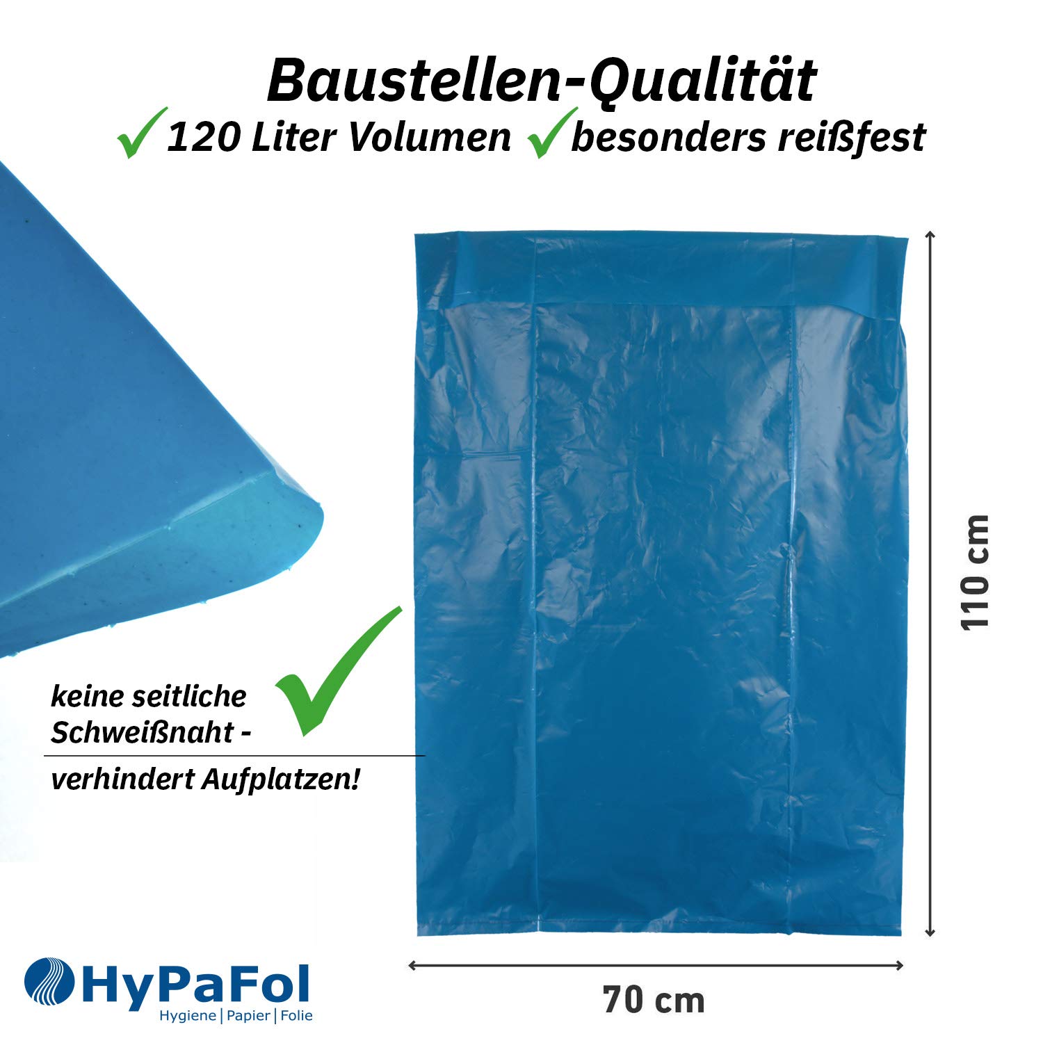 Hypafol Müllsäcke, 100 St. extra starke blaue Müllbeutel mit 120 Liter Fassungsvermögen, 700 x 1.100 mm, Typ 150 mit 100 my, extra reißfest, ideal für Gartenabfälle, Bauschlussreinigungen, 10er Pack