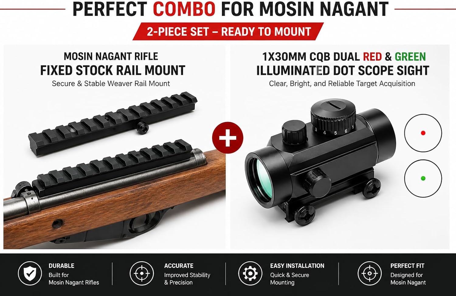 GOTICAL Mosin Nagant Rifle Fixed Stock Mosin Rail Mount + CQB Dual Red & Green Illuminated Dot Hunting Scope Sight