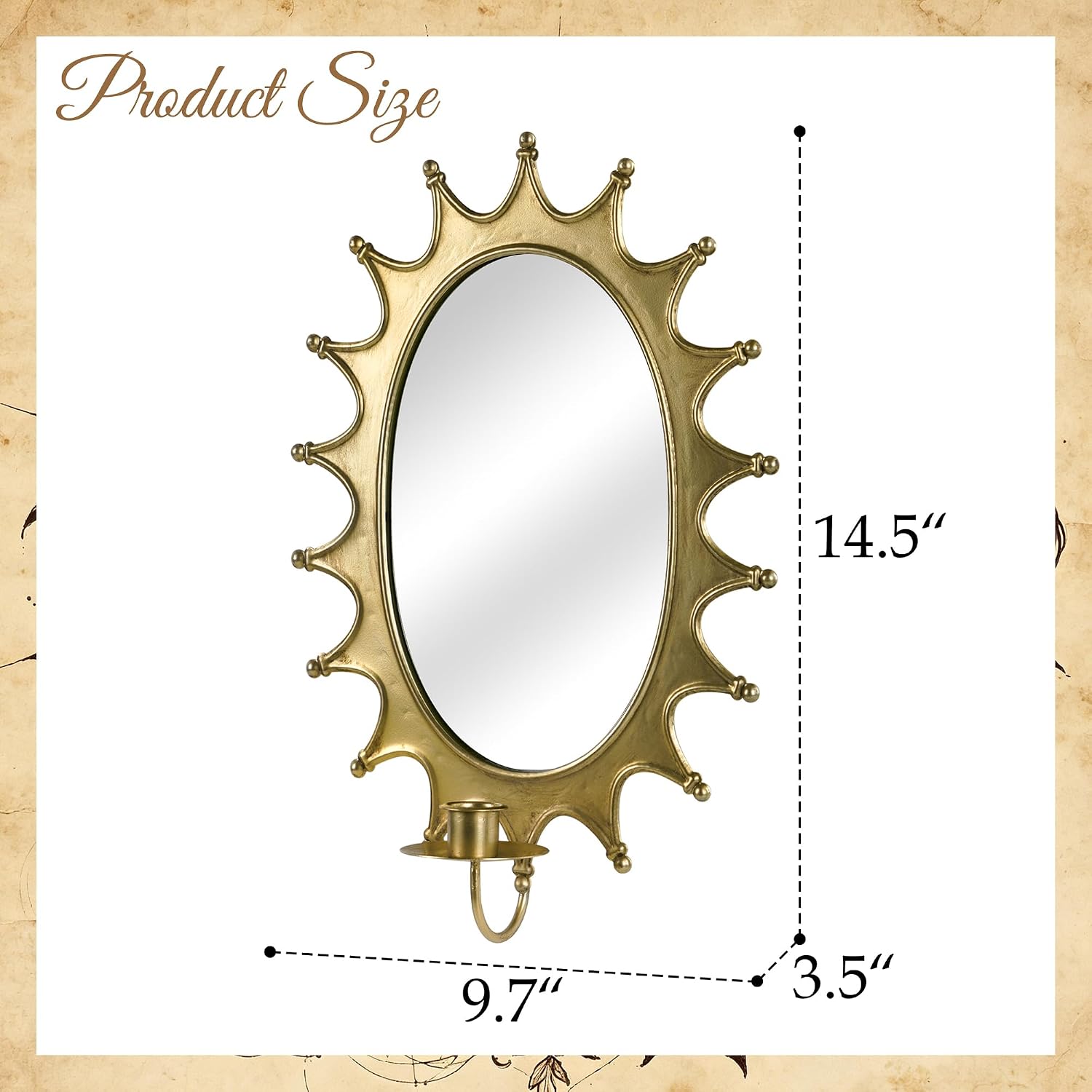 SOFFEE DESIGN Gold Sun Wall Sconce, Oval Mirror with Radiating Rays, Modern Vintage Candle Holder for 0.9” Taper Candles, Built-in Wax Tray
