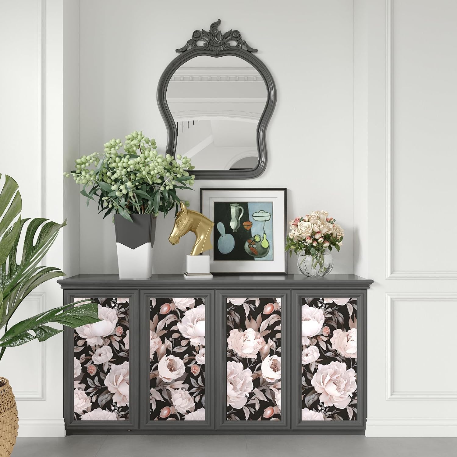 Laatse Black Pink Floral Wallpaper Peel and Stick Boho Wallpaper 17.5" x 393" Dark Flowers Contact Paper Vinyl Self Adhesive Waterproof Large Dark Floral Wall Paper for Bedroom Walls Countertop