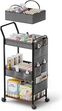 BBLIKE Diaper Caddy Organizer, Baby Cart with Basket and Side Pockets | Removable Basket, Diaper Station, Wood and Metal Frame, Lockable Wheels, Multi-Function Cart for Bedroom and Bathroom, Gray