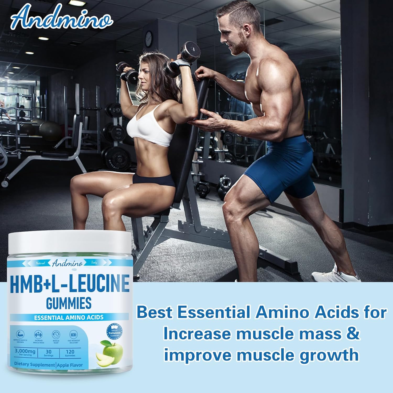 HMB and L-Leucine Gummies, 3000mg, with Trehalose, for Muscle Growth, Muscle Relief and Workout Recovery, for Adults & Elder, Non-GMO, Vegan, Gluten Free, Apple Flavor, 120 - Image 6