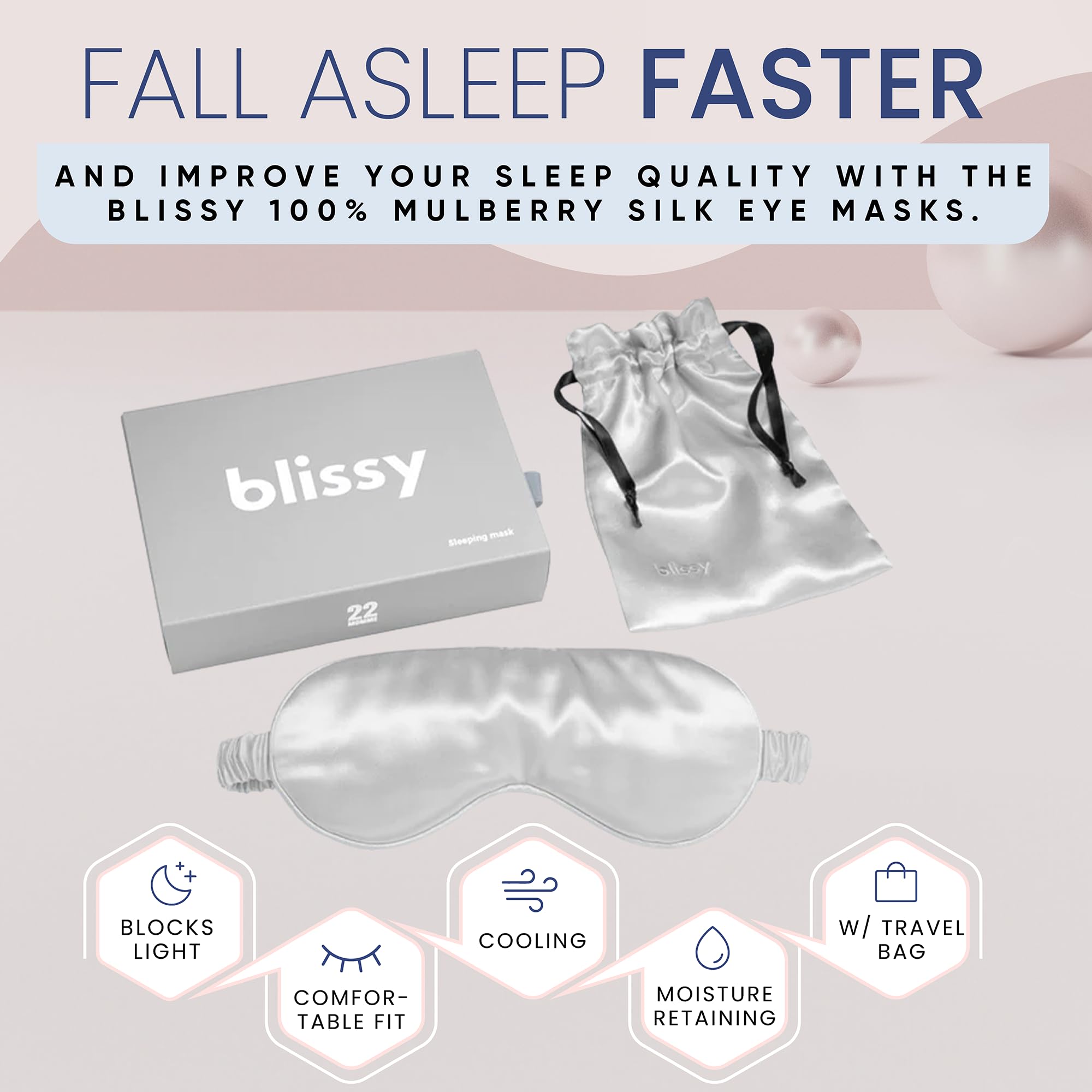 Blissy Antifaz de seda para dormir – Antifaz de seda para dormir para mujeres y hombres para un oscurecimiento total – 100 % seda de morera pura, fibras de 22 momme 6a – Máscara de dormir de seda con