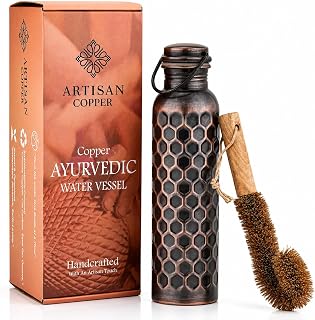 Artisan Copper Ayurvedic Copper Water Bottle 32oz Handcrafted 100% Pure Copper Hammered Bottle for Drinking with Wooden Brush Leak Proof and Reusable Water Vessel (950ml, Black)