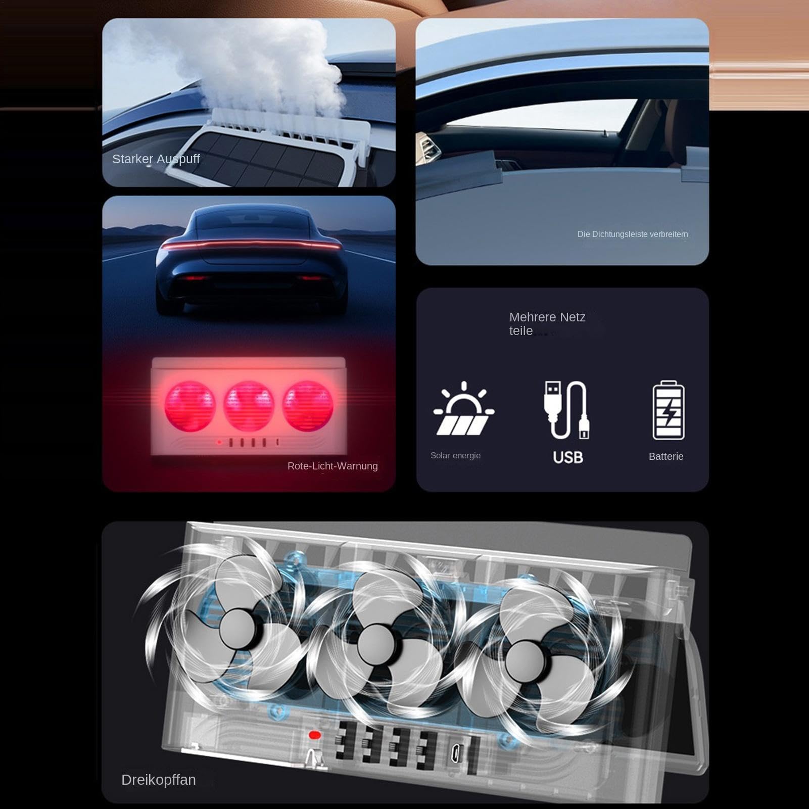 Car Solar Exhaust Fan - Window Ventilation Cooler for RV Highway Road Trips | Triple Outlet Design with Safety Energy Saving, Adjustable Speed for SUVs Trucks Daily Driving Comfort