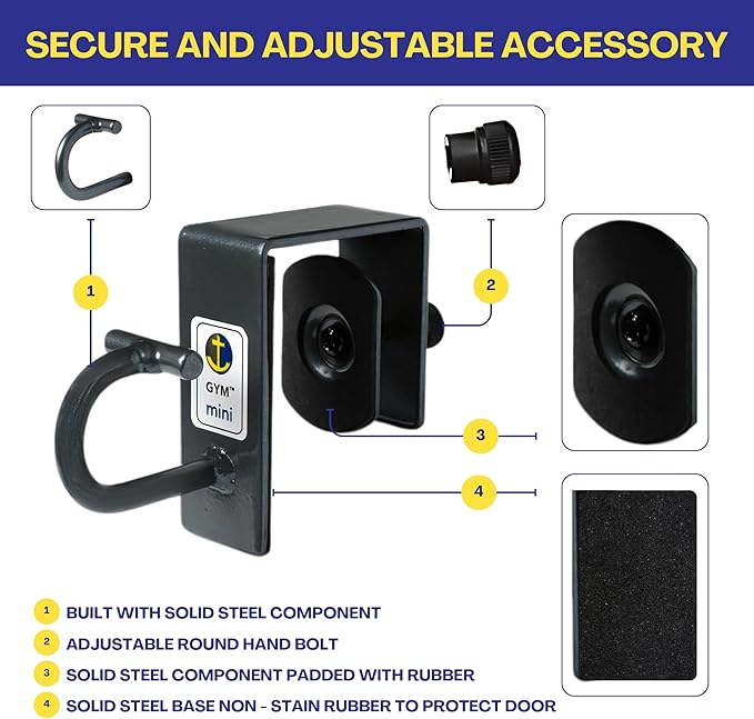 Engineered for durability and safety, our heavy-duty resistance door anchor can support up to 300 lbs of resistance. With its patented safety hook, which extends 2 inches to accommodate all common band attachments, it ensures a secure fit on doors ranging from 1.25" to 1.75" thick. Conduct a simple compatibility test by sliding four stacked credit cards between your door and frame to confirm its fit with 90% of interior doors. Clamp it at any height—top, bottom, or side—for complete flexibility in your exercise regimen.