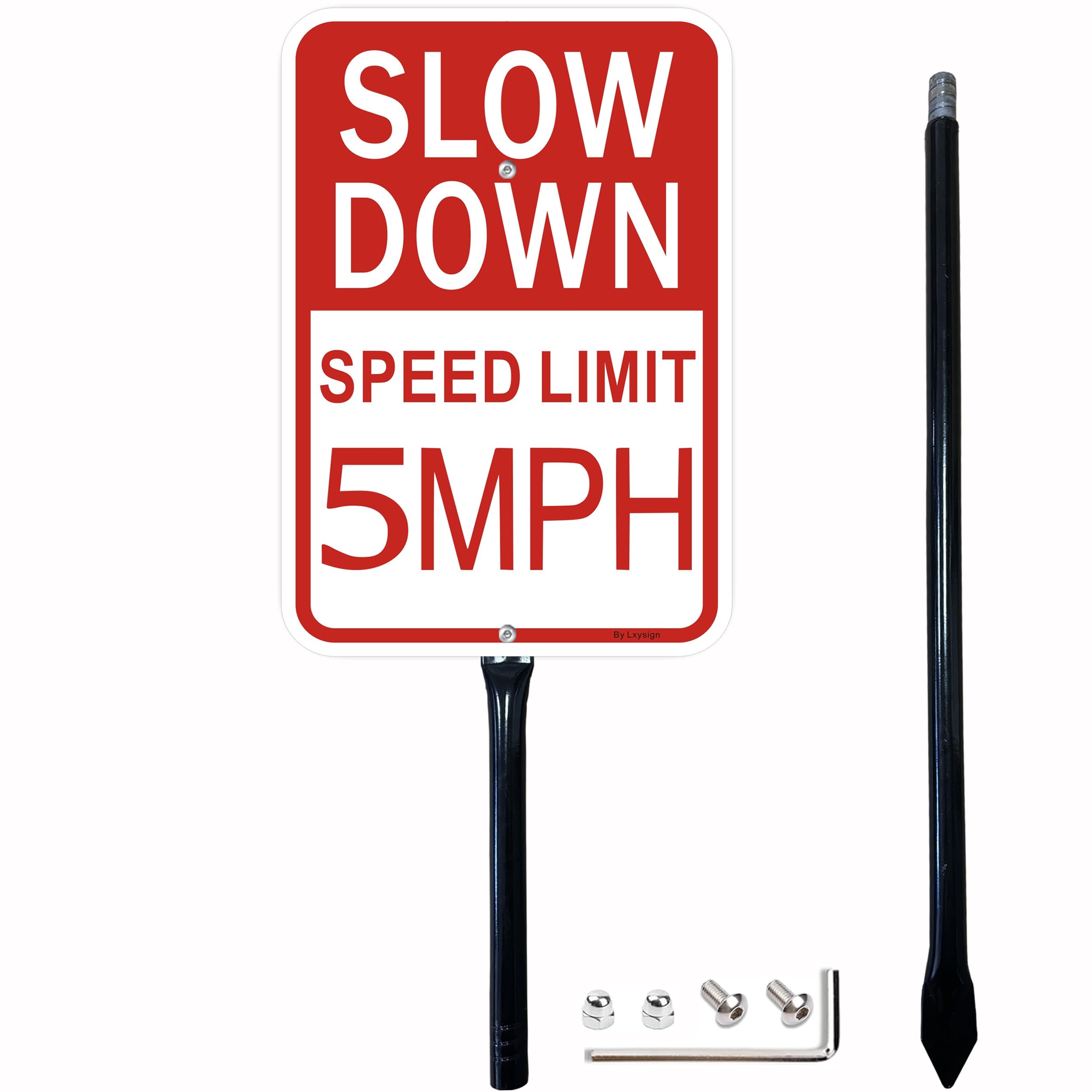1 Pack Slow Down Sign, Speed Limit 5 MPH Sign with Stake, with 36 Inches Metal Stakes, 14x10 Inches Reflective Aluminum, Fade Resistant