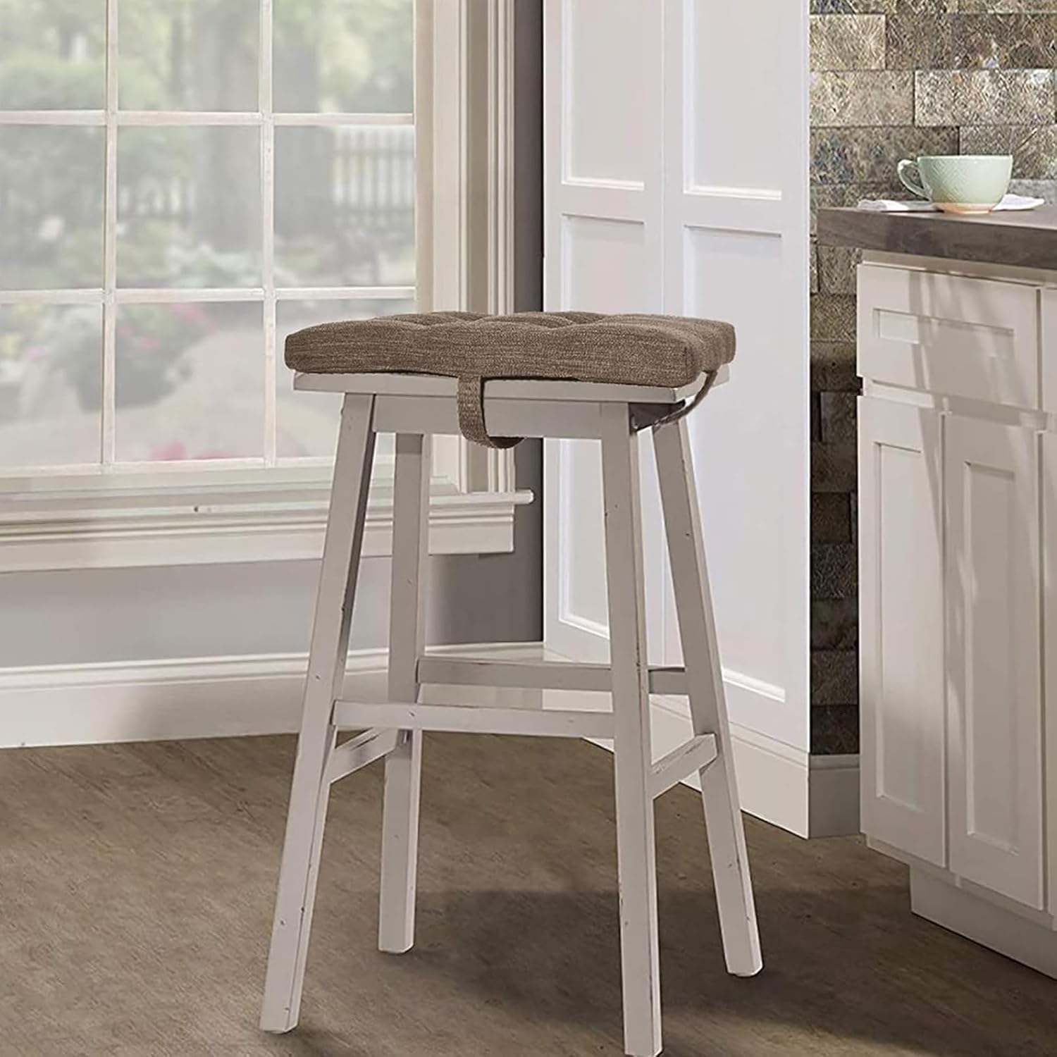 baibu Set of 2 Memory Foam Stool Cushion Rectangular, Dual-Layer Design Saddle Stool Pads Bar Stool Cushions with Four Straps - 2 Pads Only (Khaki, 18x9.5x1.5in)