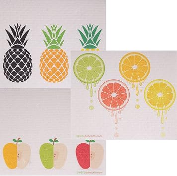 SWEDEdishcloths - Cellulose Sponge Dish Towels - Mixed Set of 3 One of Each Design Mixed Fruit Swedish Dish Cloths