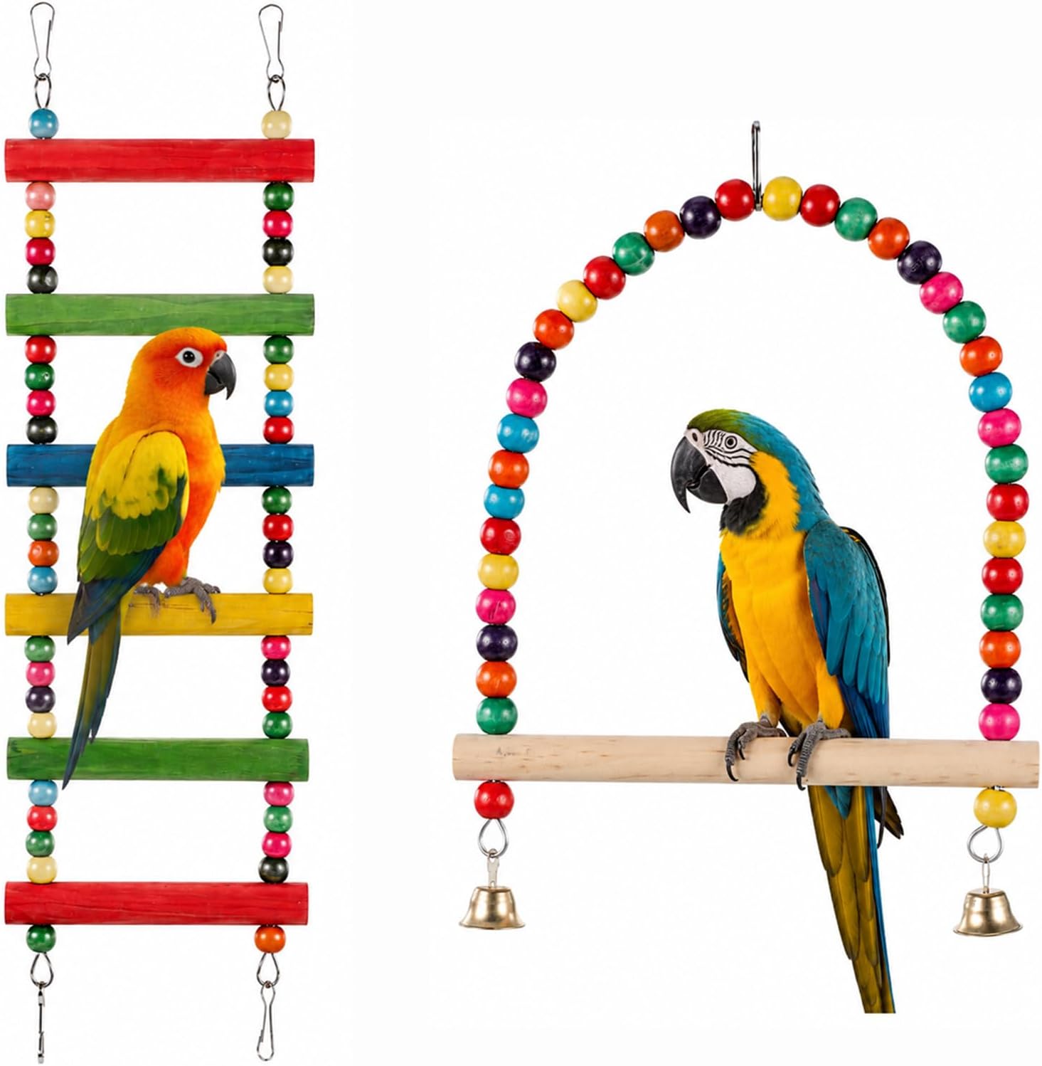 2 Pcs Bird Swing and Rainbow Color 6-Step Bird Ladder for Cage