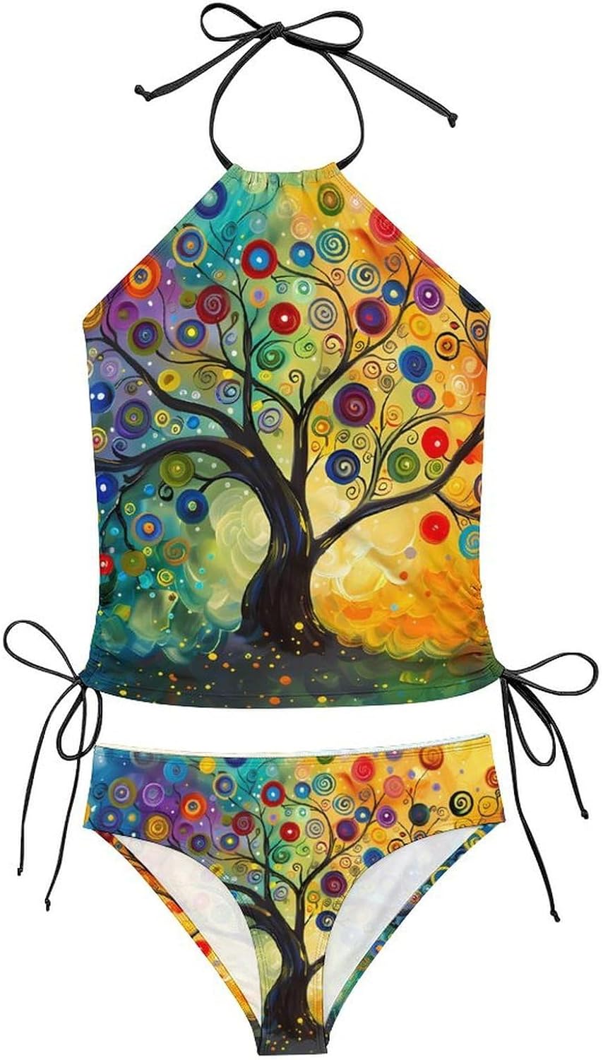Colorful Tree Swirls Bubble Painting Funny Women's String Swimwear Set 2 Pcs Tankini Swimsuits Bathing Suit