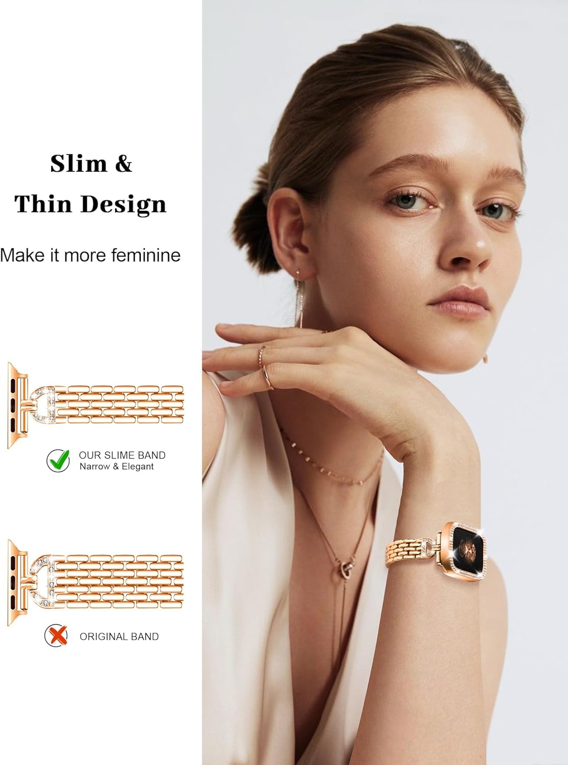 JR.DM Slim Bracelet with Bling Case Compatible with Apple Watch Bands Cover for Women, Dressy D-Shaped Stainless Steel Replacement Strap for iWatch Series 10/9/8/7/6/5/4/3/2/1/SE/Ultra