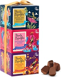 Monty Bojangles Vegane Kakaobestäubte Trüffel Pralinen, Geschenkturm, 3 x 100 g, Luxuriöses Schokolade Geschenkset in 3 Verschiedenen Geschmacksrichtungen, Individuelles Veganes Pralinen Geschenk