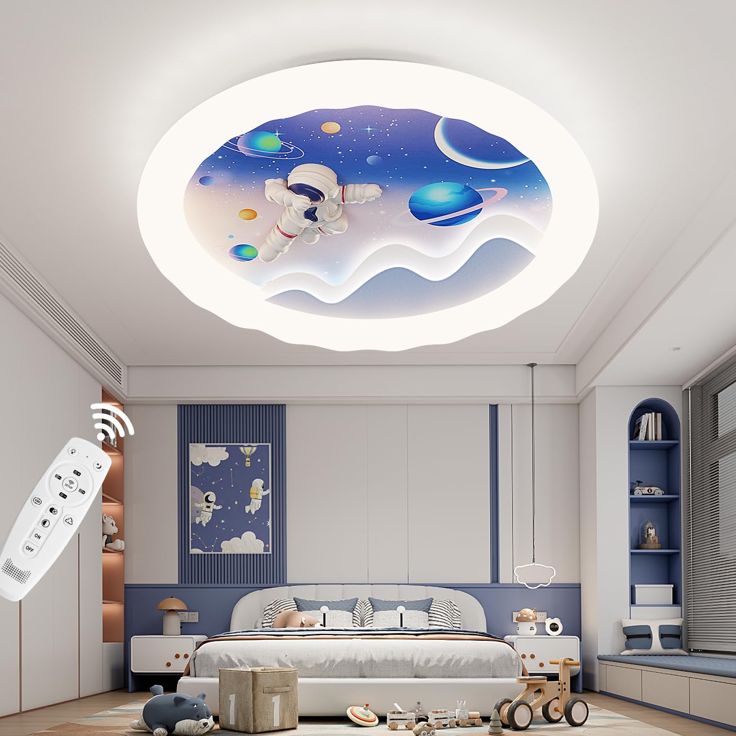 Kids Room LED Ceiling Light Modern Children's Room Embedded Installation, Remote Control dimming, Eye Protection Ceiling Lamp, Round Cartoon Design, Suitable for Girl Boy Baby Bedroom Blue