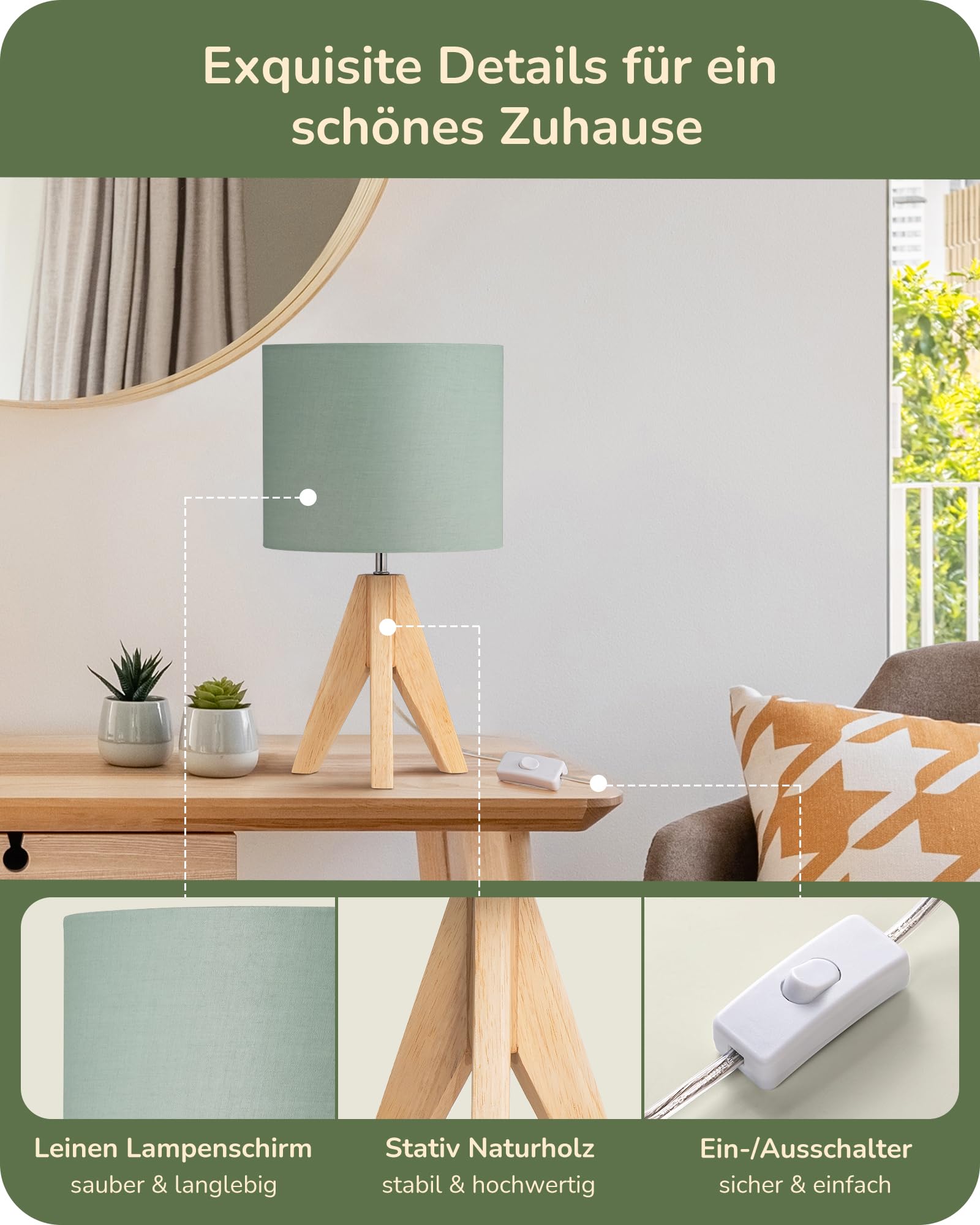 EDISHINE LED Nachttischlampe, Leinenschirm und Massivholzsockel, 2er-Set Moderne Tischlampe, 2700K warmweiß, E27 Nachttischleuchte für Schlafzimmer Wohnzimmer, inkl. 4W LED