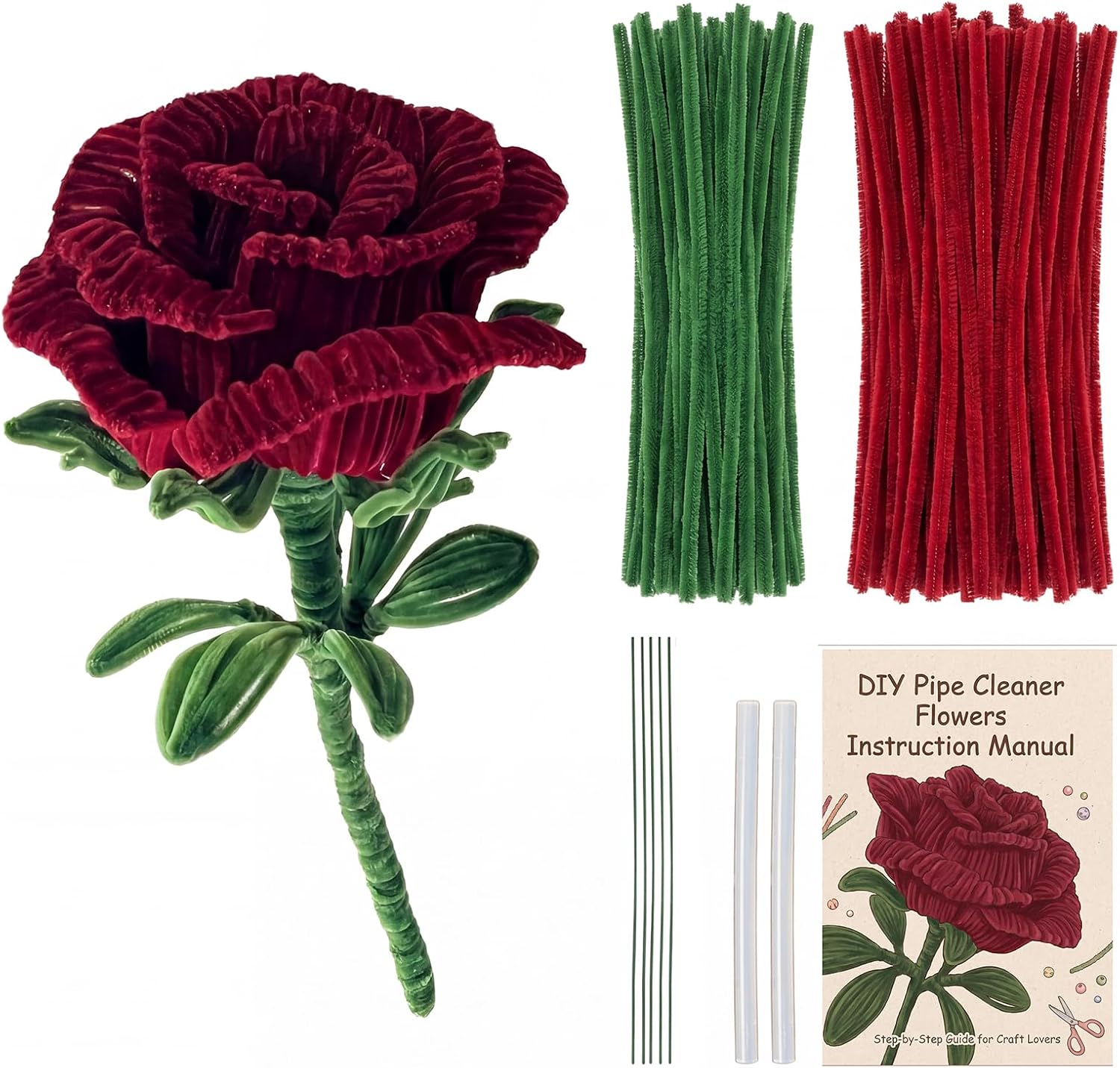 Pipe Cleaners Flower Kit - Red Pipe Cleaners for Flower Making, DIY Craft Supplies for 22-Inch Pipe Cleaner Flowers, Includes 300 PCS Pipe Cleaners, Floral Wires, Glue Sticks & Instruction Manual